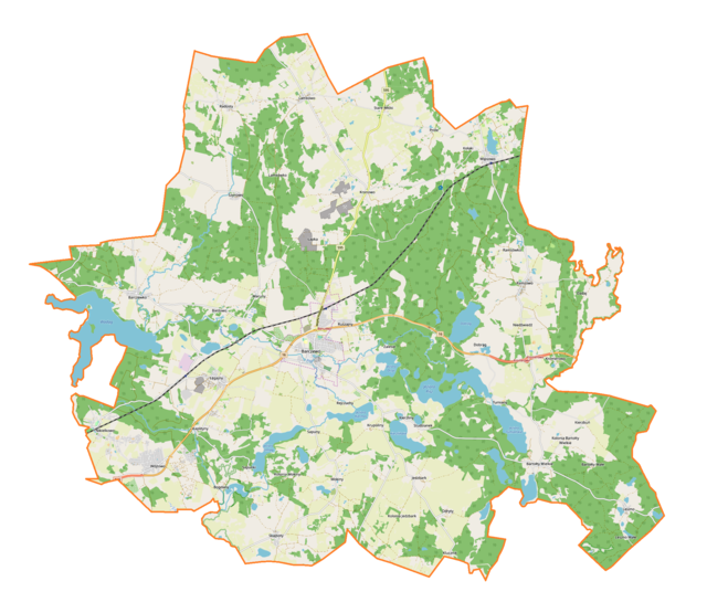 Mapa konturowa gminy Barczewo, w centrum znajduje się punkt z opisem „Barczewo”