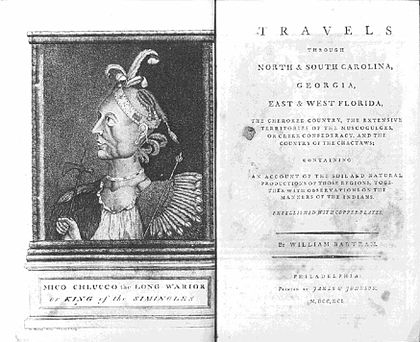 Title page of Bartram's Travels with frontispiece "Mico Chlucco the Long Warrior" BartramTravels.jpeg