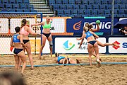 Deutsch: Beachhandball Europameisterschaften 2019 (Beach handball Euro); Tag 5: 6. Juli 2019 – Frauen, Platzierungsspiel für die Ränge 17–20, Nordmazedonien-Slowenien 0:2 (10:13, 9:15) English: Beach handball Euro; Day 5: 6 July 2019 – Placement Match/Cross Match for rank 17–20 Women – North Macedonia-Slovenia 0:2 (10:13, 9:15)