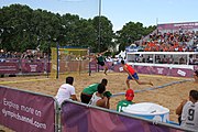 Deutsch: Beachhandball bei den Olympischen Jugendspielen 2018; Tag 7, 13. Oktober 2018; Jungen, Finale – Portugal-Spanien 1:2 English: Beach handball at the 2018 Summer Youth Olympics at 13 October 2018 – Boys Gold Medal Match – Portugal-Spain 1:2