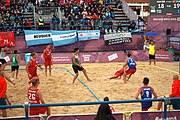 Deutsch: Beachhandball bei den Olympischen Jugendspielen 2018; Tag 5, 10. November 2018; Jungen, Hauptrunde - Ungarn-Portugal 0:2 English: Beach handball at the 2018 Summer Youth Olympics at 11 October 2018 – Boys Main Round – Hungary-Portugal 0:2