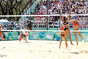 Deutsch: Beachvolleyball bei den Olympischen Jugendspielen 2018; Tag 9, 15. Oktober 2018; Mädchen, Viertelfinale: USA-Spanien 2–1 (21–19/17–21/15–9) English: Beach volleyball at the 2018 Summer Youth Olympics at 15 October 2018 – Girls Quarterfinals: USA-Spain 2–1 (21–19/17–21/15–9)