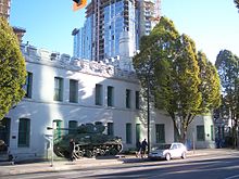 Battlements are visible on the roof of the drill hall. BeattyStDrillHallII.jpg