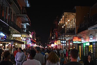 Looking northeast from Iberville Street in 2015 Bourbon Street, New Orleans at night.JPG