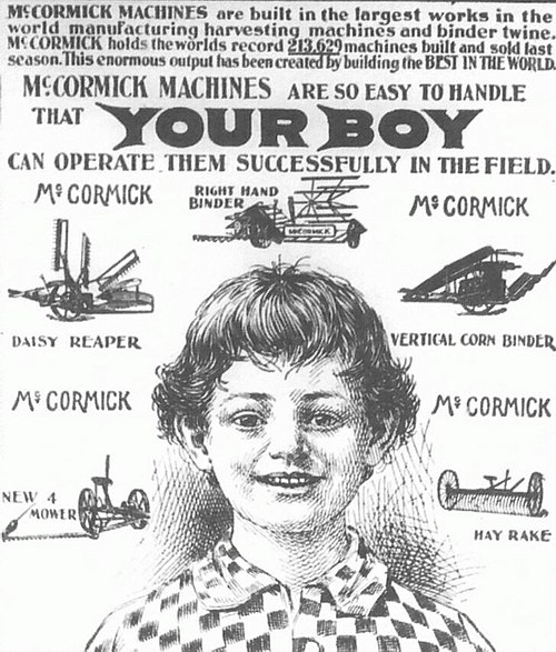 1900 ad for McCormick farm machines—"Your boy can operate them"