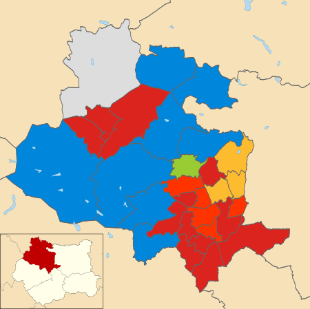 Map of the results of the 2012 Bradford council election. Labour in red, Conservatives in blue, Respect in light red, Liberal Democrats in yellow, Greens in green and independent in grey. Bradford UK local election 2012 map.svg