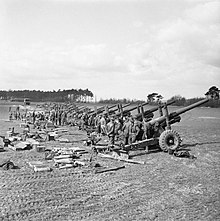 5.5-inch guns fire in support of the Rhine crossing on 21 March 1945. British 5.5 inch guns Rhine Crossing March 1945 IWM B 15767.jpg