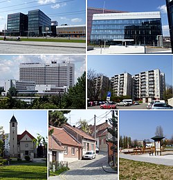 Městská část Brno-Starý Lískovec • Vlevo 1: Campus Square • Vlevo 2: Výšková budova bohunické nemocnice • Vlevo 3: Kostel svatého Jana Nepomuckého • Vpravo 1: Moravský zemský archiv • Vpravo 2: Panelové sídliště Starý Lískovec • Vpravo 3: Park a hřiště • Dole uprostřed: Původní zástavba Starého Lískovce