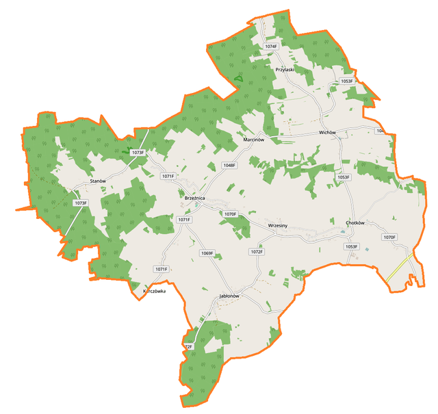 Mapa konturowa gminy Brzeźnica, w centrum znajduje się punkt z opisem „Kościół świętej Marii Magdaleny”