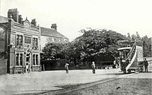 The Bull's Head pub and Bullock Smithy Inn at the Hazel Grove tram terminus around 1900