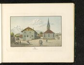 Bex au début du XIXe siècle. De gauche à droite : les Dents du Midi, la cure protestante et le temple.