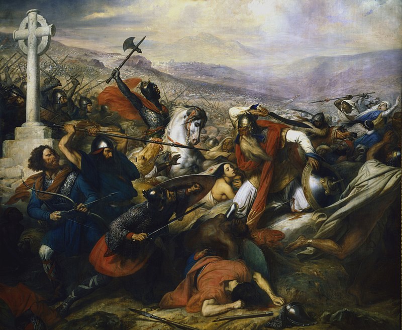 Charles de Steuben's Bataille de Poitiers en octobre 732 romantically depicts a triumphant Charles Martel (mounted) facing Abdul Rahman Al Ghafiqi (right) at the Battle of Tours.jpg