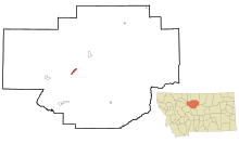 Chouteau County Montana Obszary włączone i nieposiadające osobowości prawnej Fort Benton Highlighted.svg