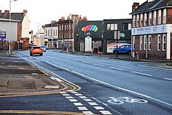 An unprotected cycle lane along Clarence Street in Kingston upon Hull. Work on improving cycling infrastructure across Hull in summer 2020 saw these repaved with brighter green lanes and higher-visibility markings.