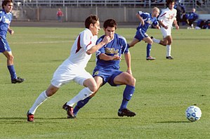 Tulsa faces eventual champion Indiana in the regional finals of the 2004 NCAA Men's Soccer Championship College soccer yates iu v tulsa 2004.jpg