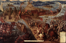 17th century painting depicting the 1521 Fall of Tenochtitlan. Spanish colonists were led to invade the Aztec Empire by conquistador Hernan Cortes. Conquista-de-Mexico-por-Cortes-Tenochtitlan-Painting.png