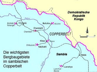 De belangrijkste mijngebieden in de Zambiaanse Copperbelt