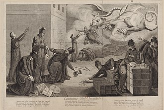 Coutume des Jesuites
, 1762 print celebrating the suppression of the Society of Jesus in the kingdom of France in 1762. The print caricatures the Jesuits as traitors fomenting leagues and conspiracies. Coutume des Jesuites.jpg