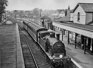 Guildford - Horsham auto-train in 1957 Cranleigh Station, with Guildford - Horsham auto-train geograph-2658600-by-Ben-Brooksbank.jpg