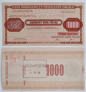 Obverse and reverse side of traveller's cheque of National Bank of Poland (nominal value: 1000 Polish zloty); sold in April 1989 in Budapest (Hungary), for use during travel to Poland only, never used. Czek.podrozniczy.1000zl.NBP.1989.jpeg