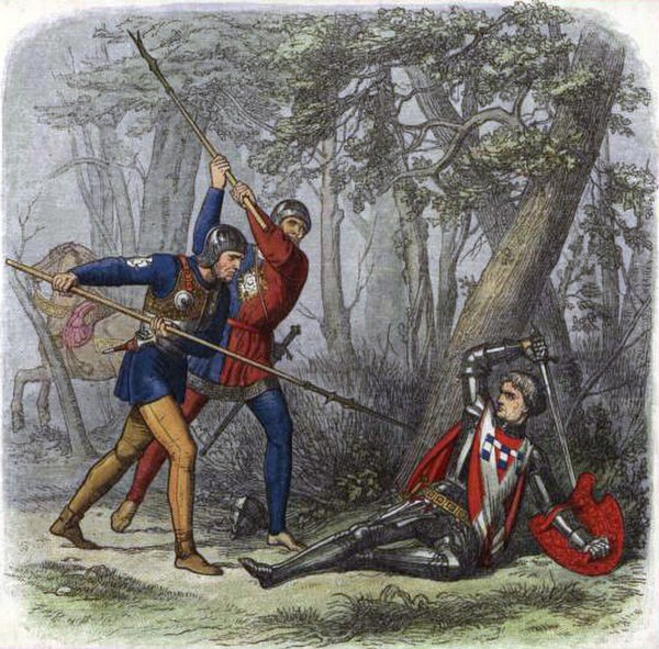 "Death of the Kingmaker" from Chronicle of England, colour wood-engraving by Evans, illustration by James Doyle (1864). Evans used as many as ten colo