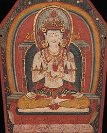 Panel from a Tibetan Buddhist Ritual Crown Depicting Buddha Vairocana, late 13th-early 14th century. Detail, 14th-century painted art on Buddhist crown of Tibet, - MET DP12791-001 (cropped).jpg