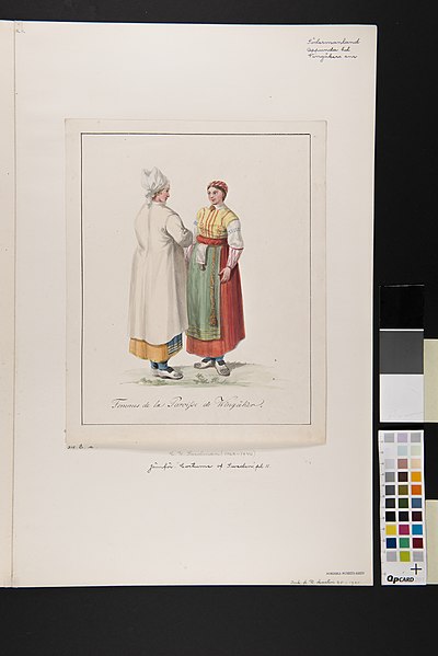 File:Dräkt. Femmes de la Paroisse de Wingåker Två kvinnor i dräkt. Akvarell i storformat av C.W. Swedman - Nordiska museet - NMA.0070150 (2).jpg