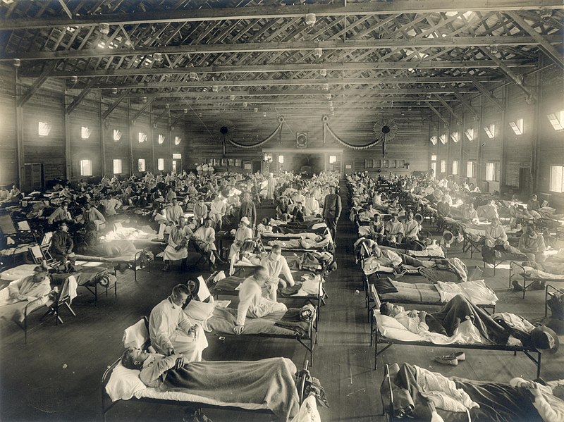 Soldiers from Fort Riley, Kansas, ill with Spanish flu at a hospital ward at Camp Funston