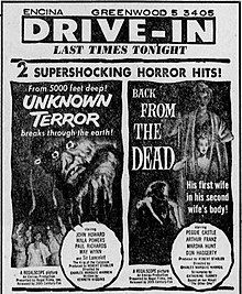 Drive-in advertisement from 1957 for The Unknown Terror and co-feature, Back from the Dead. Encina Drive-in Ad - 8 December 1957, CA.jpg