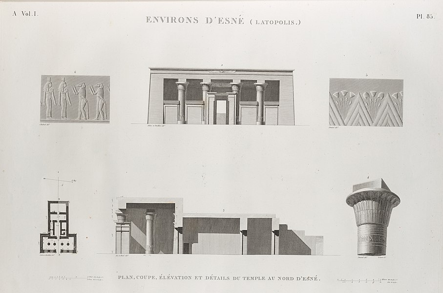 Pl.85 - Plan, coupe, élévation et détails du temple au nord d'Esné