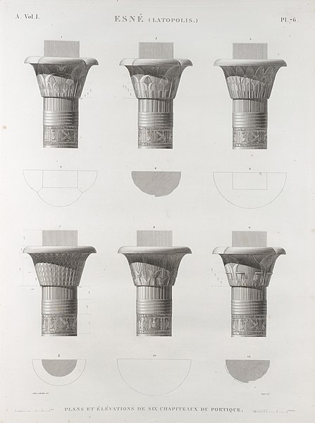 Pl.76 - Plan et élévations de six chapiteaux du portique