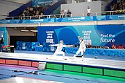 Deutsch: Fechten bei den Olympischen Jugend-Sommerspielen 2018: Tag 1, 7. Oktober 2018, Jungen, Säbel, Kampf um Bronze - Mazen Elaraby (EGY) - Robert Vidovszky (USA) 15:10 English: Fencing at the 2018 Summer Youth Olympics at 7 October 2018 – Boys' sabre Bronze medal match – Mazen Elaraby (EGY) Vs Robert Vidovszky (USA) 15:10