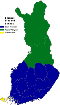 Most popular candidate by constituency in the first round Finnish presidential election, 2012 results by constituency (I round result).svg