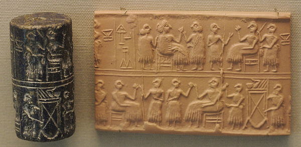 Cylinder seal of First Dynasty of Ur Queen Puabi, found in her tomb, dated circa 2600 BC, with modern impression. Inscription 𒅤𒀀𒉿 𒊩𒌆Pu-A-Bi-Nin "Queen