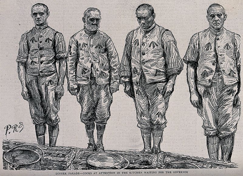 File:Four men in prison uniform are standing in a line in front o Wellcome V0041243.jpg