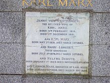 The tomb of Karl Marx: detailed view of the central panel which formed the original gravestone Gravestone - Karl Marx grave - Highgate East Cemetery - North London, England.jpg