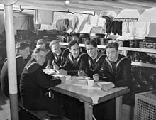 Mealtime aboard HMCS Agassiz HMCS Agassiz crew mealtime Feb 1941 LAC 3520737.jpg