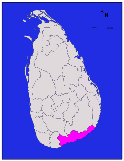 Hambantotan piirikunta Sri Lankan kartalla.
