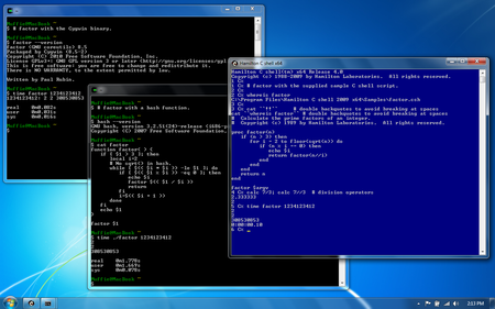 Hamilton C shell and Cygwin bash on Windows 7, showing the use of recursion for factoring. Hamilton C shell and Cygwin bash recursion.png