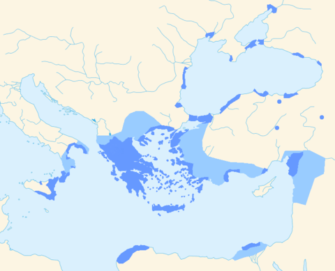 Griekssprekende gebieden in de hellenistische periode (323 tot 31 BCE). ■ Waarschijnlijk Griekstalige meerderheid ■ Verregaand gehelleniseerd met significante Griekstalige minderheid