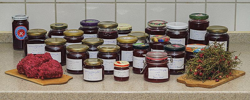 File:Home-made redcurrant jam - jars between pulp residue and stalks.jpg