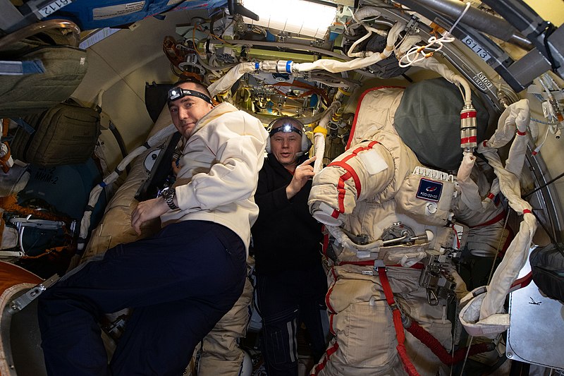 File:ISS-65 Dubrov and Novitskiy prepare Orlan spacesuits.jpg