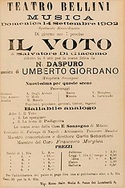 Poster advertising a 1902 performance of Il voto, the revised version of Mala vita Il Voto poster, Teatro Bellini Naples 1902.jpg