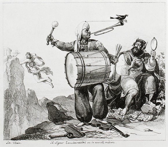"Il signor Tambourossini, ou la nouvelle mélodie" (1821). Combining the composer's name with tambour (French for "drum"), this lithograph by the French artist Paul Delaroche makes clear the early Rossini's European reputation as a creator of noise, including a trumpet and drum accompanied by a magpie, several references to his early operas, [n 34] and showing him and King Midas literally trampling on sheet-music and violins, while Apollo (the god of music) makes his escape in the background.[147]