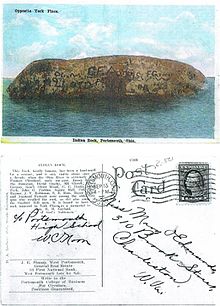 Early 20th c. postcard, featuring Indian Head Rock. Description (back) states: "Indian Rock: This Rock, locally famous, has been a landmark for a century..." Indian Head Rock postcard by H. A. Lorberg-postmark 1920.jpg