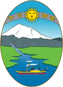 Shield of the coat of arms of Ecuador, with Inti above the land