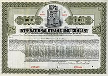 Specimen 1909 $1,000 bond issued by the International Steam Pump Company of New Jersey International Steam Pump Company 1909 bond.jpg