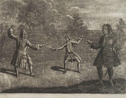 The Hamilton–Mohun Duel of 1712. Charles Mohun, 4th Baron Mohun, fighting James Hamilton, 4th Duke of Hamilton, in Hyde Park; both lost their lives.