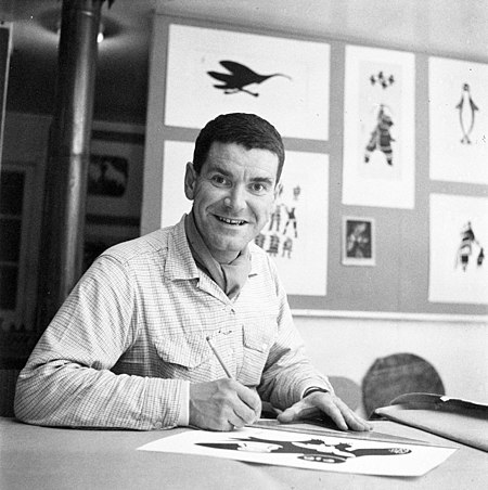 James Houston preparing a mount for an Inuit print, Kinngait, Nunavut.jpg