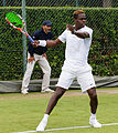 Jarmere Jenkins competing in the first round of the 2015 Wimbledon Qualifying Tournament at the Bank of England Sports Grounds in Roehampton, England. The winners of three rounds of competition qualify for the main draw of Wimbledon the following week